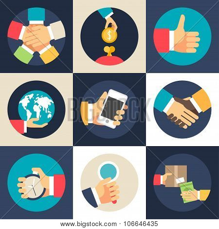Set Of Flat Design Vector Business Icons. Teamwork, Investment, Global Economics, Partnership, Time
