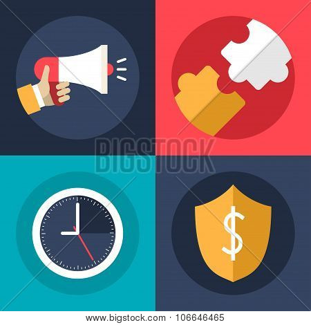 Set Of Flat Design Vector Business Icons. Promotion, Creative Ideas, Security, Time Management