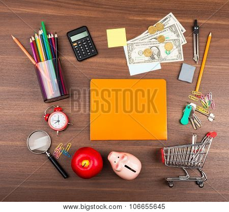 Shopping cart with orange copybook