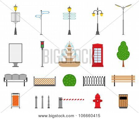 Vector City, Street, Park And Outdoor Elements Icons Set