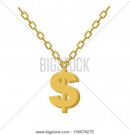 Gold Dollar On Chain. Decoration For Rap Artists. Accessory Of Precious Yellow Metal To Hip Hop Musi