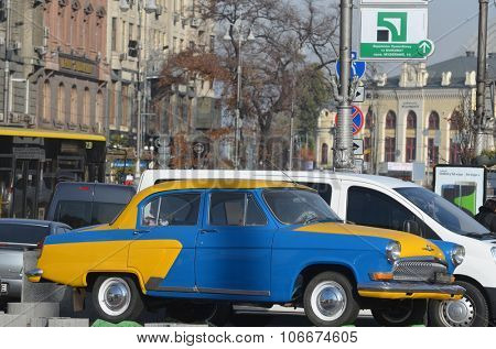 KIEV , UKRAINE - NOV 1, 2015. Exterior of the vintage Soviet car GAZ-21 Volga with folk stile tuning on November 1, 2015 in Kiev, Ukraine