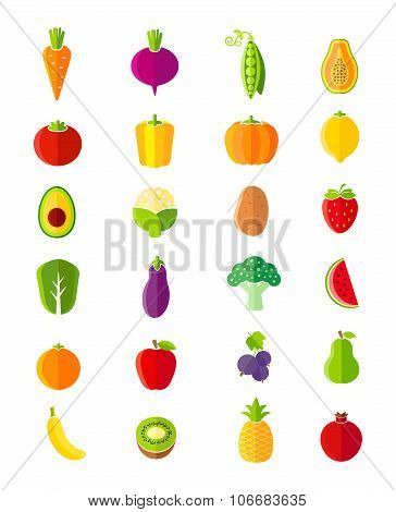 Organic Fruits And Vegetables Flat Style Icons Set