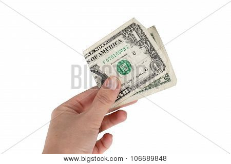 One dollar in the hand folded in half isolated on white background