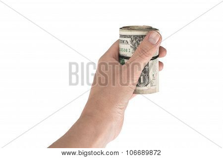 Twisted roll of dollars tightened rubber band in the hand