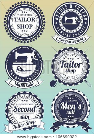 Set of dark blue round badges for tailor shops.