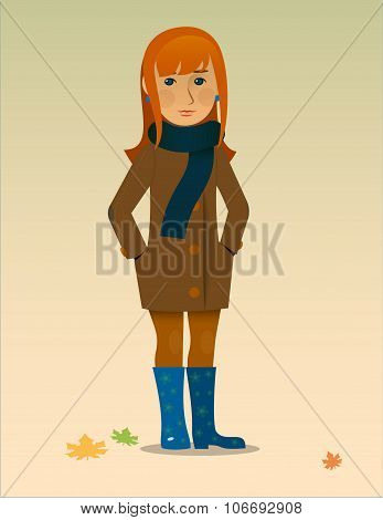 autumn Vector illustration of a pretty girl in rubber boots