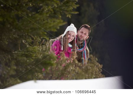 portrait of happy young romantic tourist  couple outdoor in nature at winter vacation