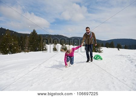romantic winter  scene, happy young couple having fun on fresh show on winter vacatio, mountain nature landscape
