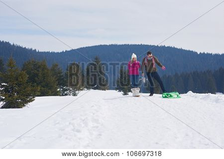 romantic winter  scene, happy young couple having fun on fresh show on winter vacatio, mountain nature landscape