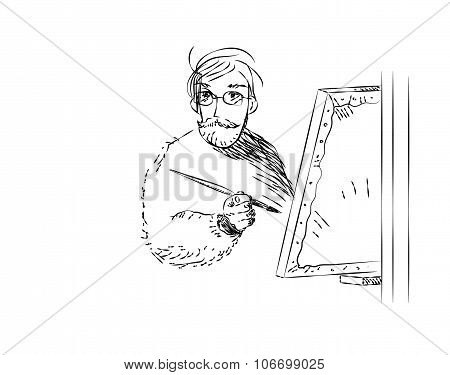 engraving illustration of a painter at work
