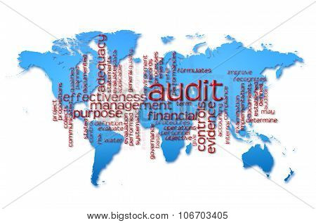 Word Cloud Of  Audit With World Map Background