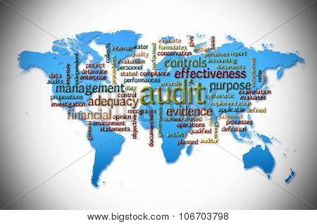Word Cloud Of  Audit With World Map Background
