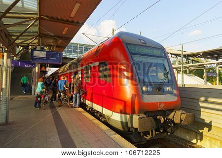 DUSSELDORF, GERMANY - SEPTEMBER 16, 2014: Dusseldorf Airport train station. Dusseldorf Airport is a railway station on the Cologne-Duisburg line