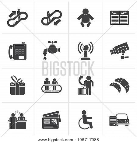 Black Airport, travel and transportation icons