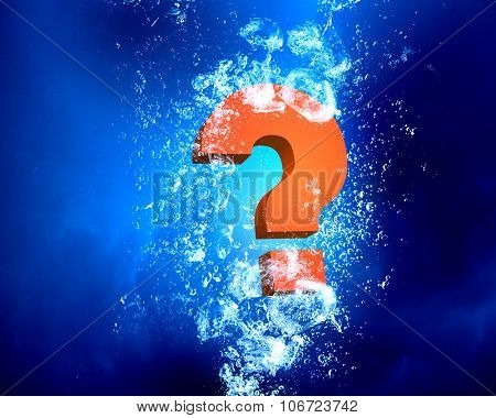 Question mark sink in clear blue water