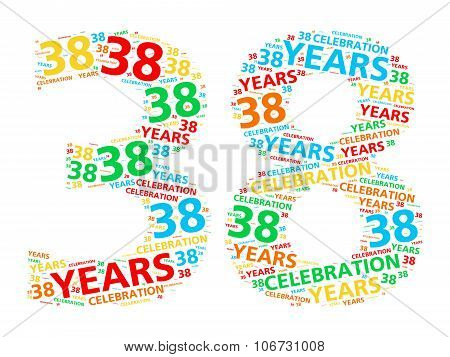 Colorful word cloud for celebrating a 38 year birthday or anniversary