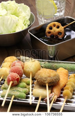 kushiage, kushikatsu, deep fried skewers, japanese food
