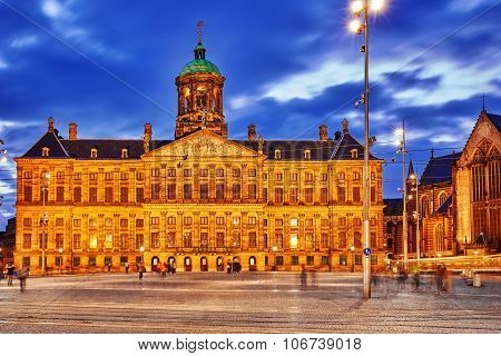 Royal Palace In Amsterdam On The Dam Square In The Evening. Netherlands