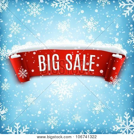 Winter sale background with red realistic ribbon