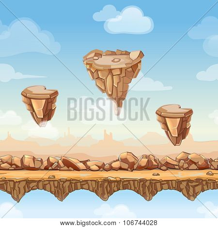 Seamless cartoon nature landscape with stones, rocks and bridges for game design. Vector illustratio