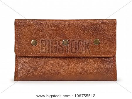 Close Up Brown Leather Of Luxury Lady Clutch Bag Isolated White Background
