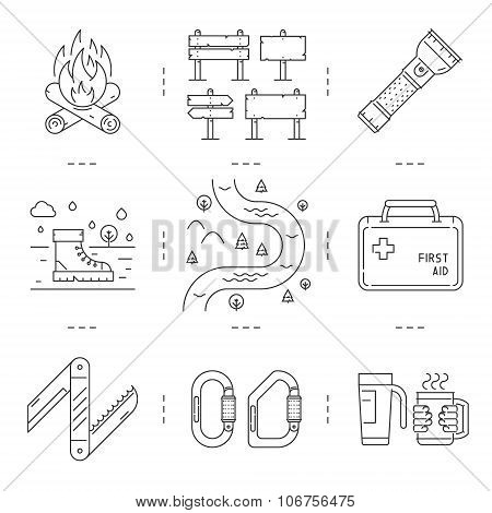 Line Icons Set Of Hiking, Camping And Tourism