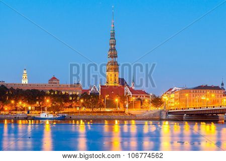 Riga. View  the Church of St. Peter at night.