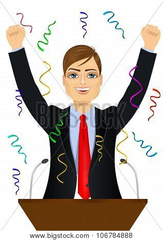 politician man celebrating with fists up at podium