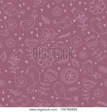 Vector Hand-drawn Seamless Pattern With Flowers Birds Hearts. Floral Summer Romantic Background