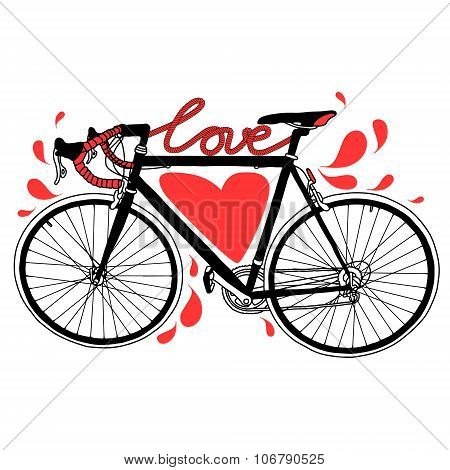 Vector Bike Illustration With Love, Heart And Drops