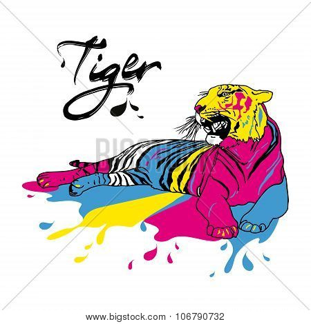 Tiger In Cyan, Magenta, Yellow And Black Splash. Vector Illustration
