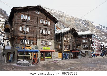 Exterior of the traditional wooden buildings in Zermatt, Switzerland.