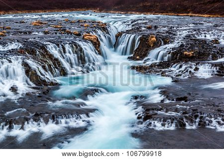 Closeup  Cascade Bruarfoss Waterfall, Iceland
