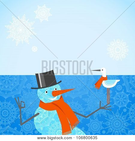 Vector Illustration Of Christmas Snowman With Red Scarf.