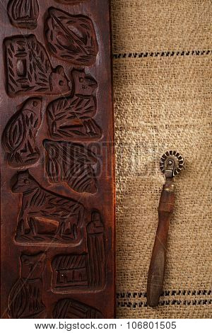 real vintage unique wooden baking utensils on old grain sacking linen Completely hand made  handwoven and homespun