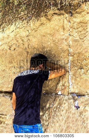 Unidentified  Young  Jewish Worshiper In Skullcap   Praying At The Wailing Wall An Important Jewish