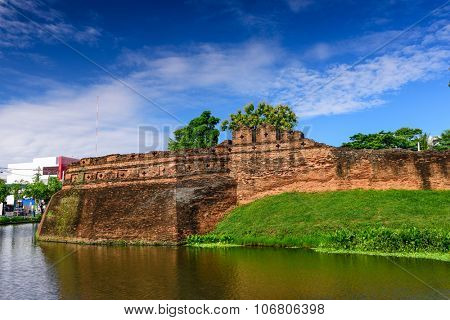 Chiang Mai, Thailand old city ancient wall and moat.