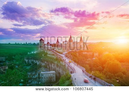 View on the castle in Kamianets-Podilskyi in the evening. Ukraine