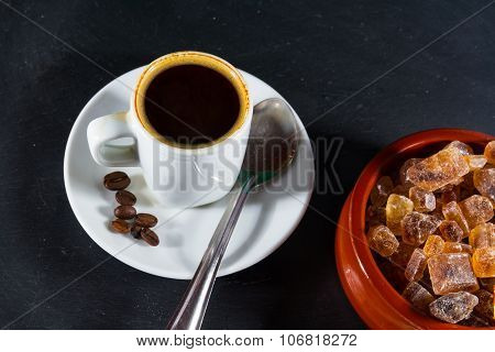 Expresso Coffee With Beans By German Rock Sugar Brauner Kandis In Bowl