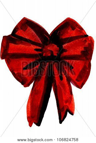 Isolated closeup watercolor aquarelle painting hand drawn silhouette of elegant Christmas red bow for decoration on white background vertical picture
