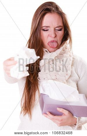 Sick Woman Girl With Fever Sneezing In Tissue