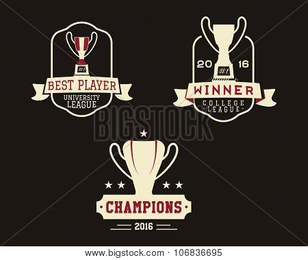 American football badge with winner cup, sport logo, champion label, insignia set in retro color sty
