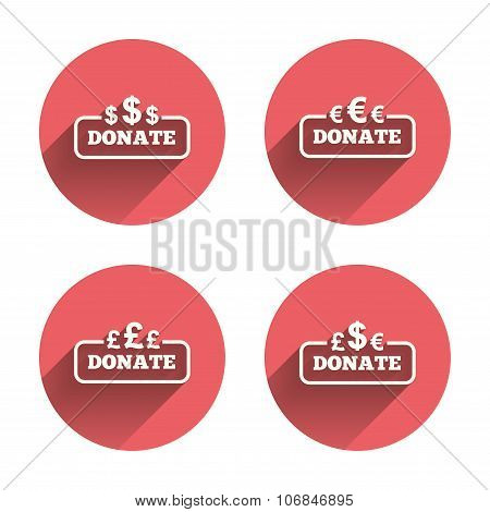 Donate money signs. Dollar, euro and pounds.