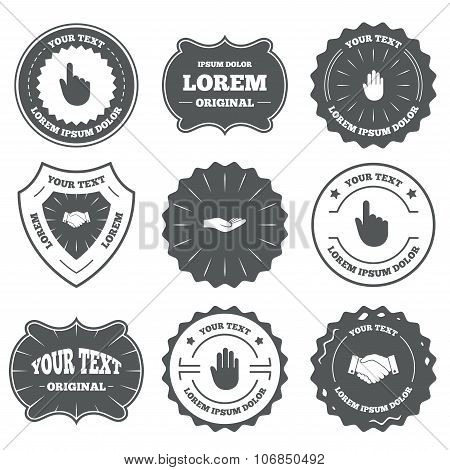 Hand icons. Handshake and click here symbols.