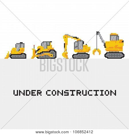 Under construction vehicles vector set in pixel art style 1