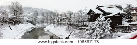 Panorama of Takayama town from Nakabashi Bridge on winter day in Japan