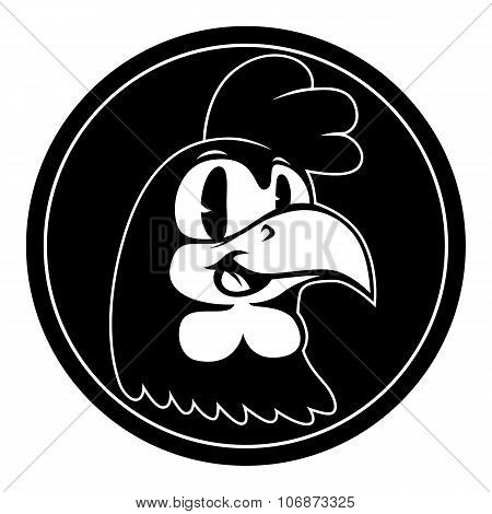 Vintage cartoon. Smiling retro cartoon rooster character in black circle