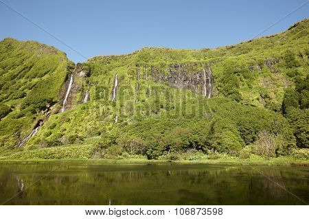 Azores Landscape In Flores Island. Waterfalls In Pozo Da Alagoinha