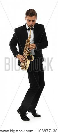 Elegant happy saxophonist plays music on sax on white background